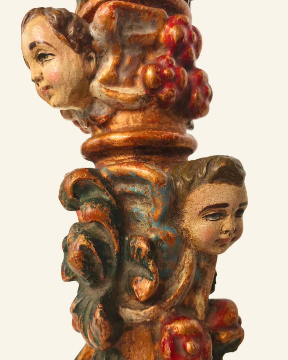 Renaissance-style Table Lamp In Carved Polychrome Wood With Cherubs-photo-8