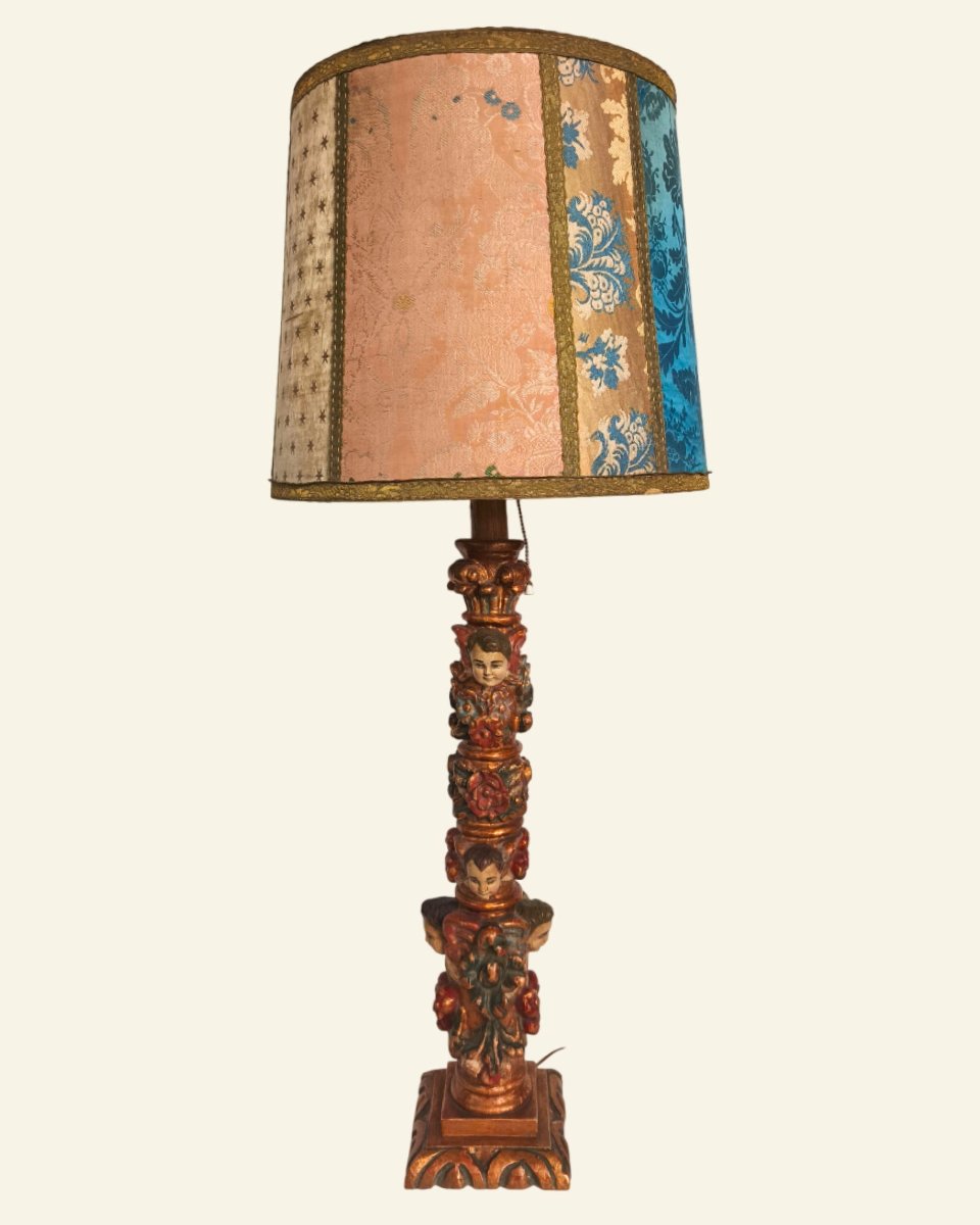 Renaissance-style Table Lamp In Carved Polychrome Wood With Cherubs