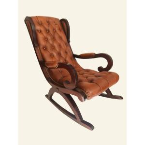 Antique Rocking Chair With Wood And Upholstered Leather Footrest
