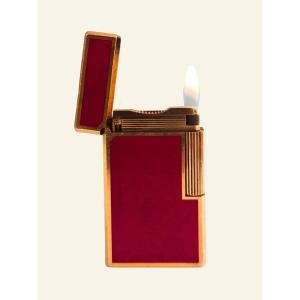S.t. Dupont Lighter In Red Lacquer With A Gold Finish – Includes Original Gas Refill