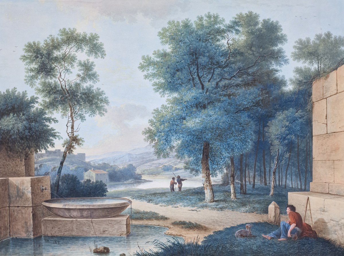 Gouache représentant un paysage animé. Ecole Romaine du début du XIX siecle-photo-4