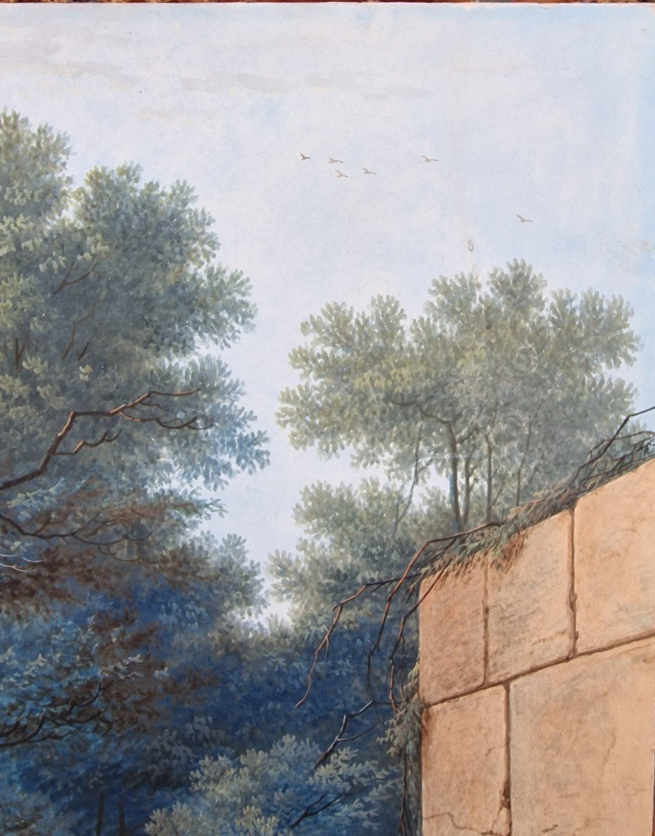 Gouache représentant un paysage animé. Ecole Romaine du début du XIX siecle-photo-2