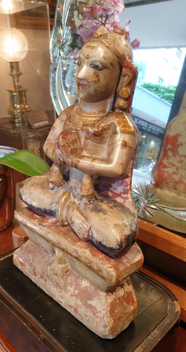 Indian Statue In Polychrome Stone-photo-3