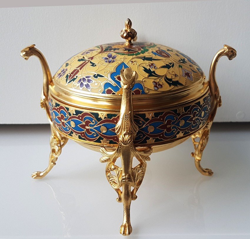Barbedienne, Boîte en Bronze et émail Cloisonné Champlevé-photo-4