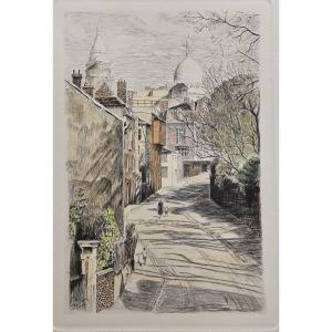 MONTMARTRE – La rue de l’Abreuvoir – gravure ancienne de Charles Samson