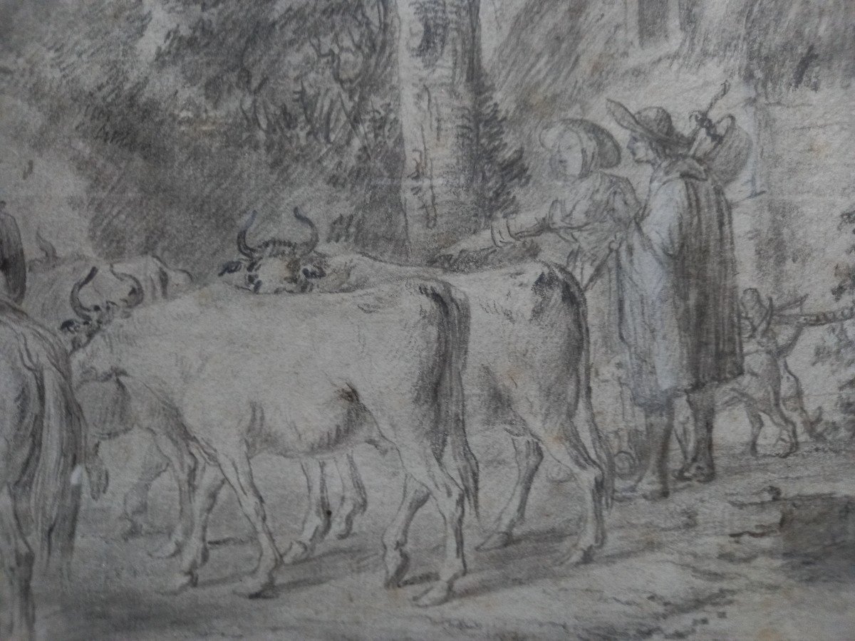 Drawing Signed Jean Louis Demarne (1752-1829): Idyllic Landscape Populated By Shepherds And Shepherdesses.-photo-4