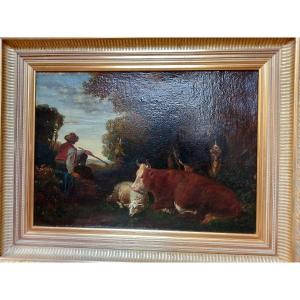 Oil On Canvas, Shepherd And His Herd, 19th Century.