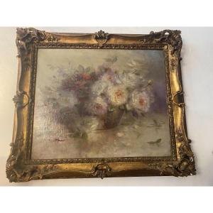 Le Bouquet De Roses  Girardot Huile Sur Toile 