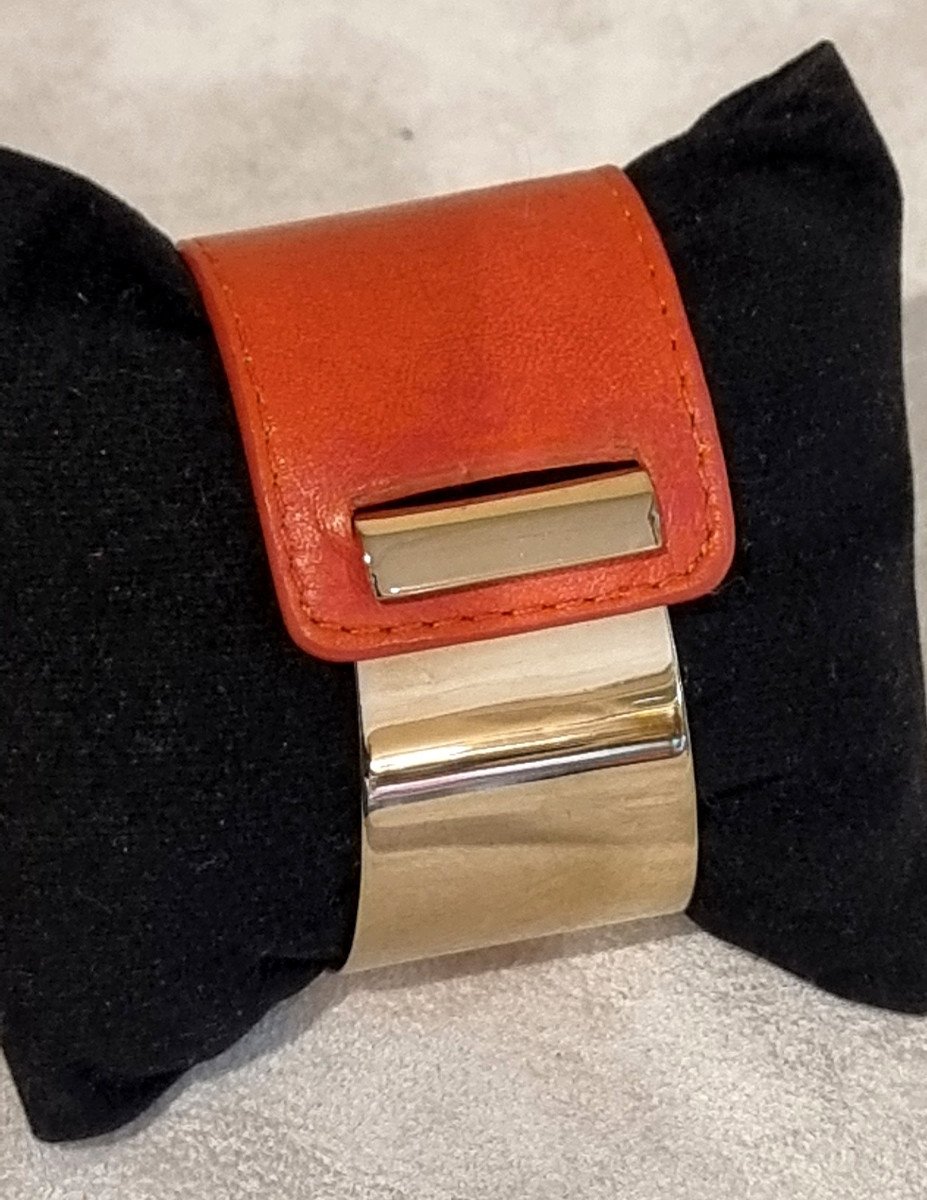 Hermès Bracelet Manchette Cuir  Et Métal Doré-photo-2