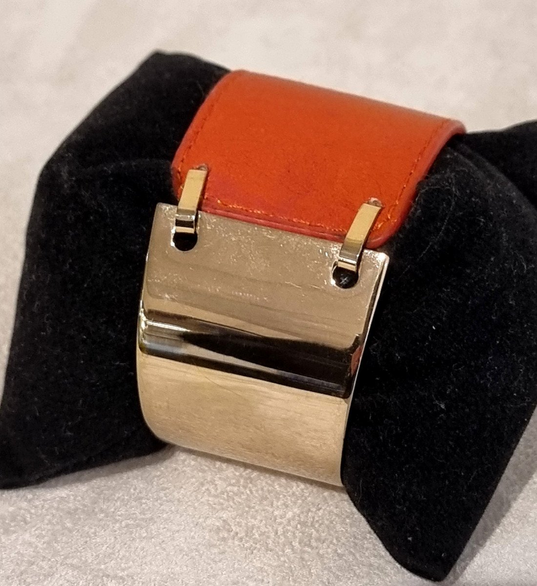 Hermès Bracelet Manchette Cuir  Et Métal Doré-photo-3