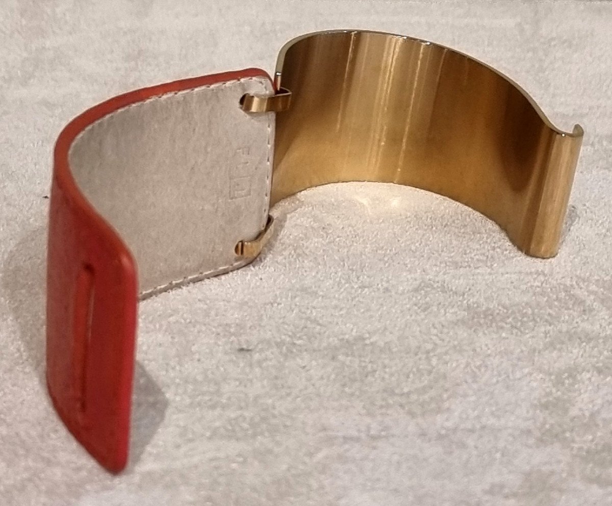 Hermès Bracelet Manchette Cuir  Et Métal Doré-photo-4
