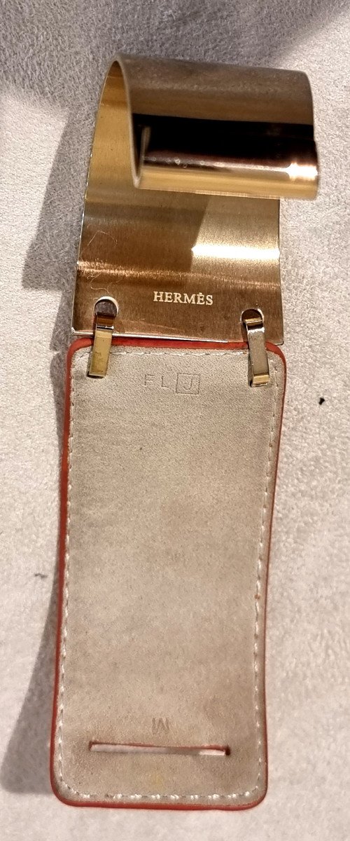 Hermès Bracelet Manchette Cuir  Et Métal Doré-photo-1