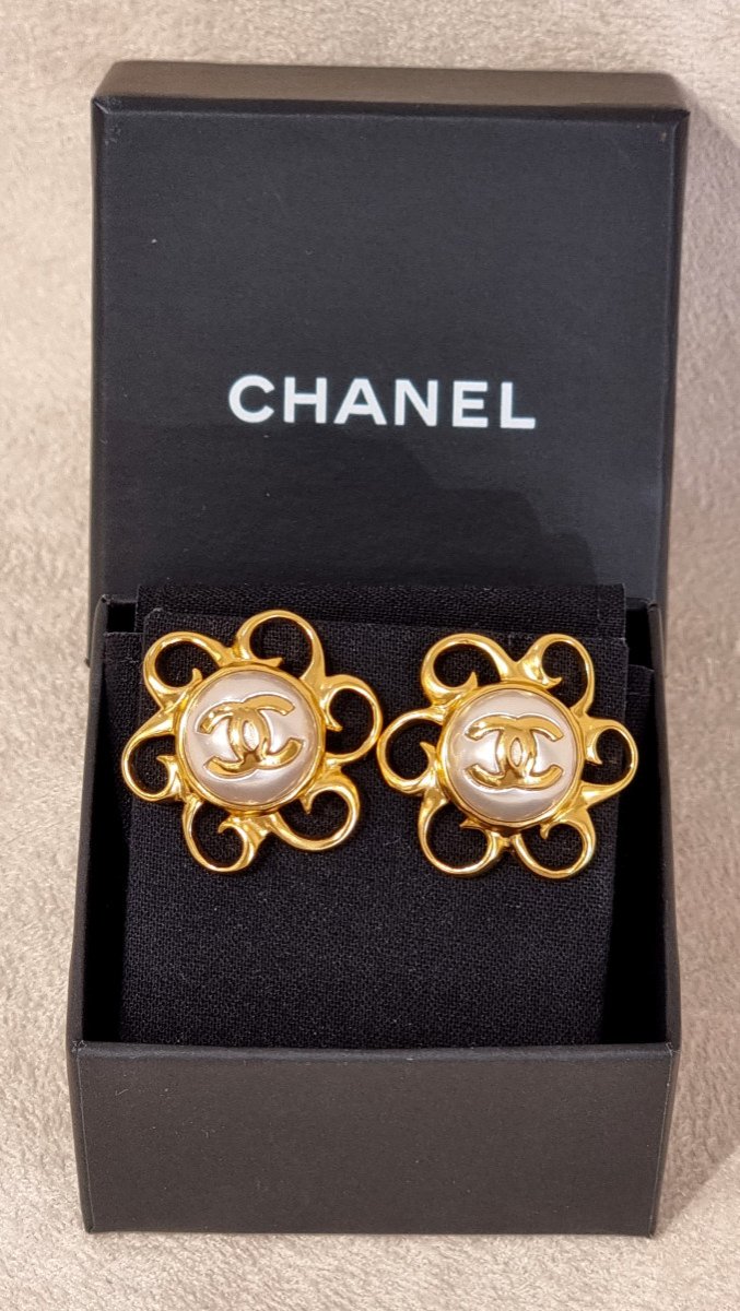 Chanel Pair Of Golden Metal Earrings With Pearly Glass Beads And Crystal