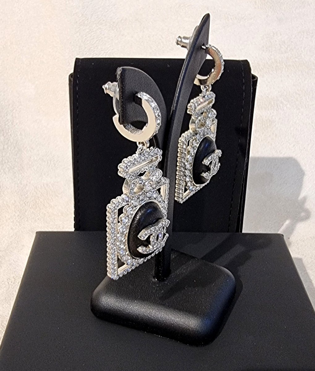 Chanel Paire De Boucles d'Oreilles Flacons Pendants Cuir & Cristal-photo-3