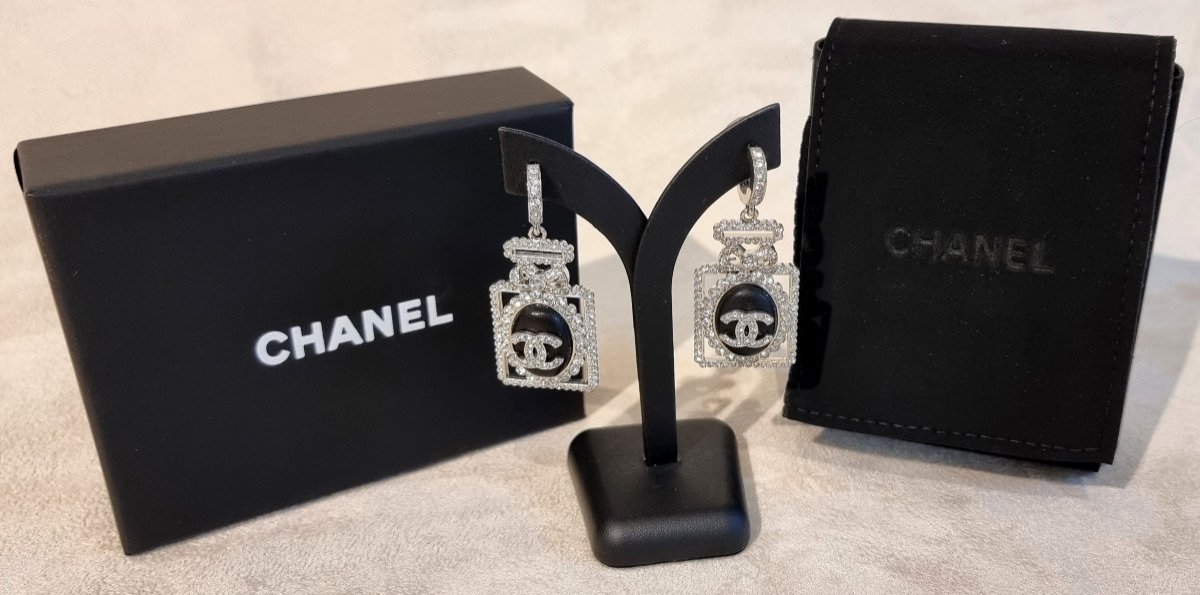 Chanel Pair Of Leather & Crystal Dangling Bottle Earrings