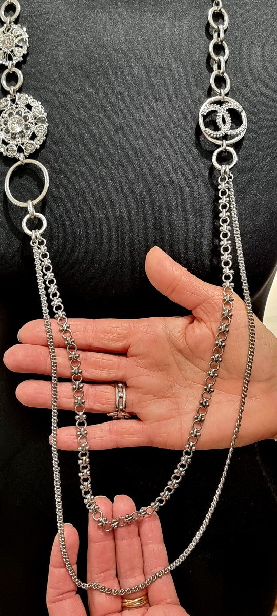 Chanel Silver Metal & Crystal Long Necklace-photo-2