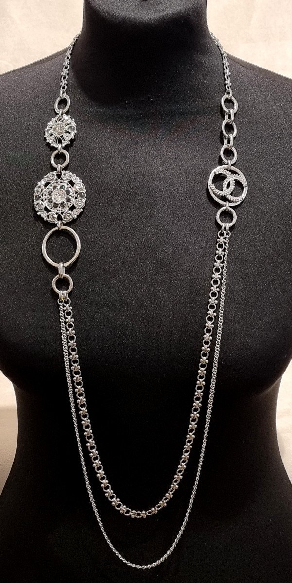 Chanel Silver Metal & Crystal Long Necklace-photo-3