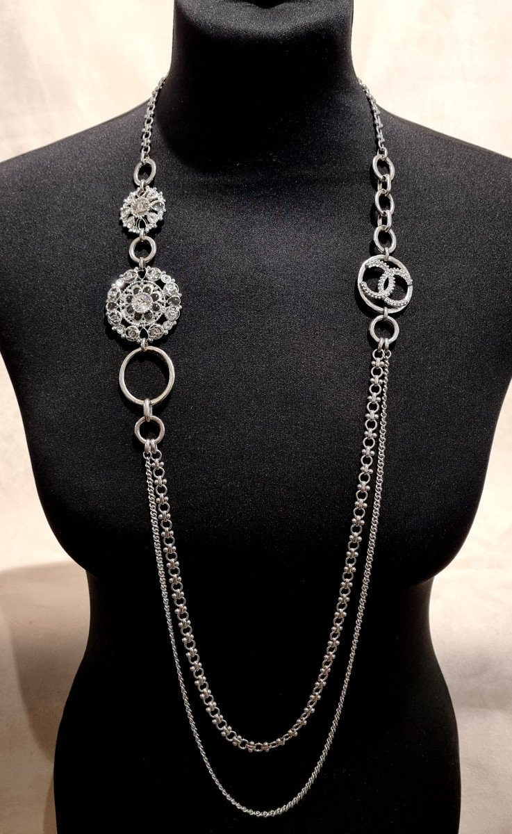 Chanel Silver Metal & Crystal Long Necklace