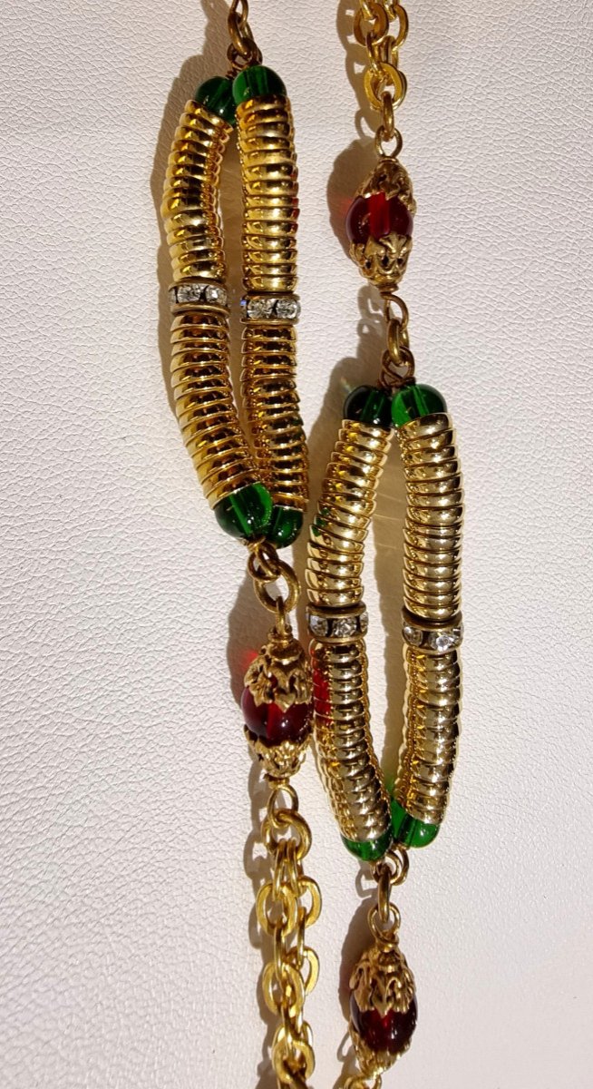 Chanel By Gripoix Long Necklace Golden Crystal Color Circa 1965-photo-4