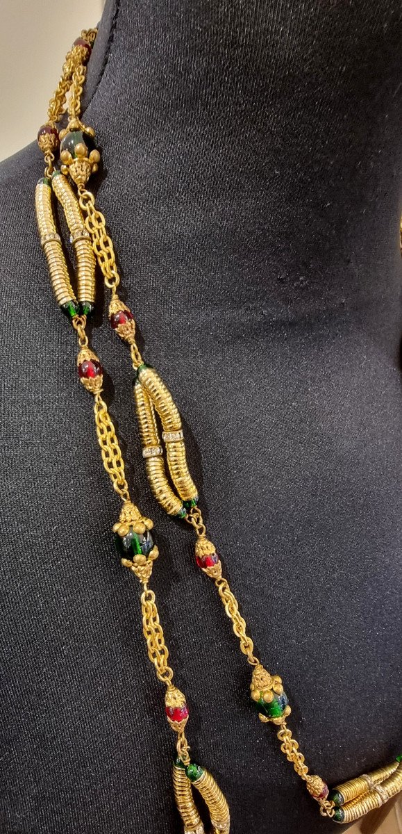 Chanel By Gripoix Long Necklace Golden Crystal Color Circa 1965-photo-5