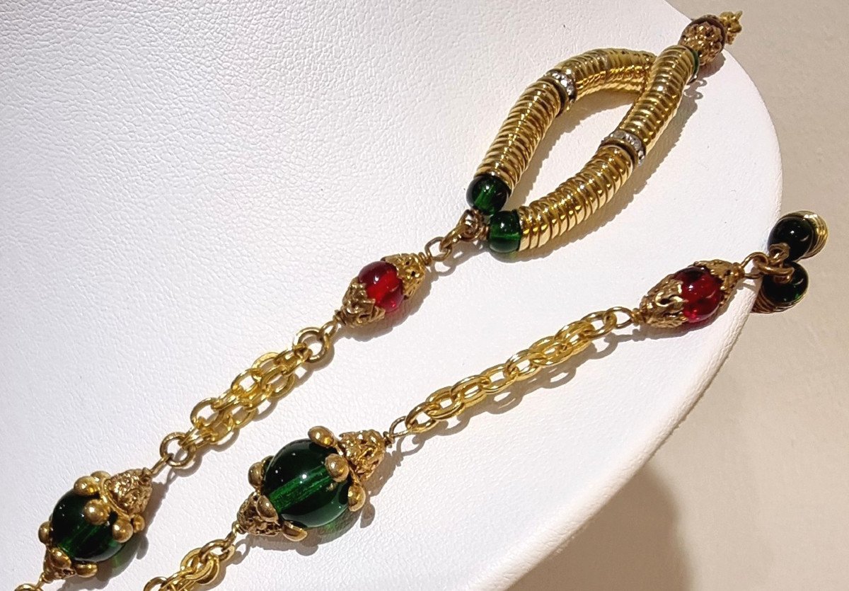 Chanel By Gripoix Long Necklace Golden Crystal Color Circa 1965-photo-7