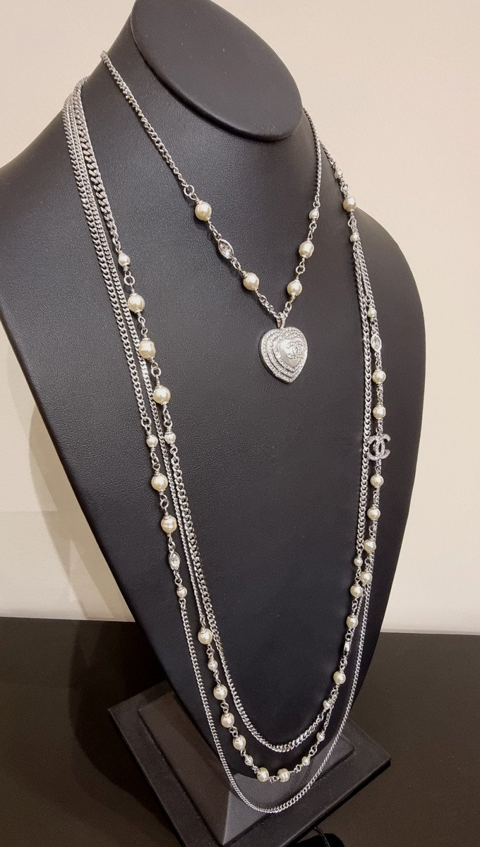 Chanel Long Necklace 4 Rows Heart Double Cc Crystal -photo-3