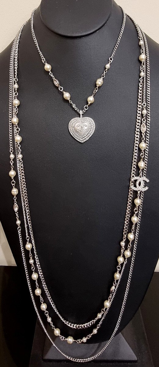 Chanel Long Necklace 4 Rows Heart Double Cc Crystal -photo-4
