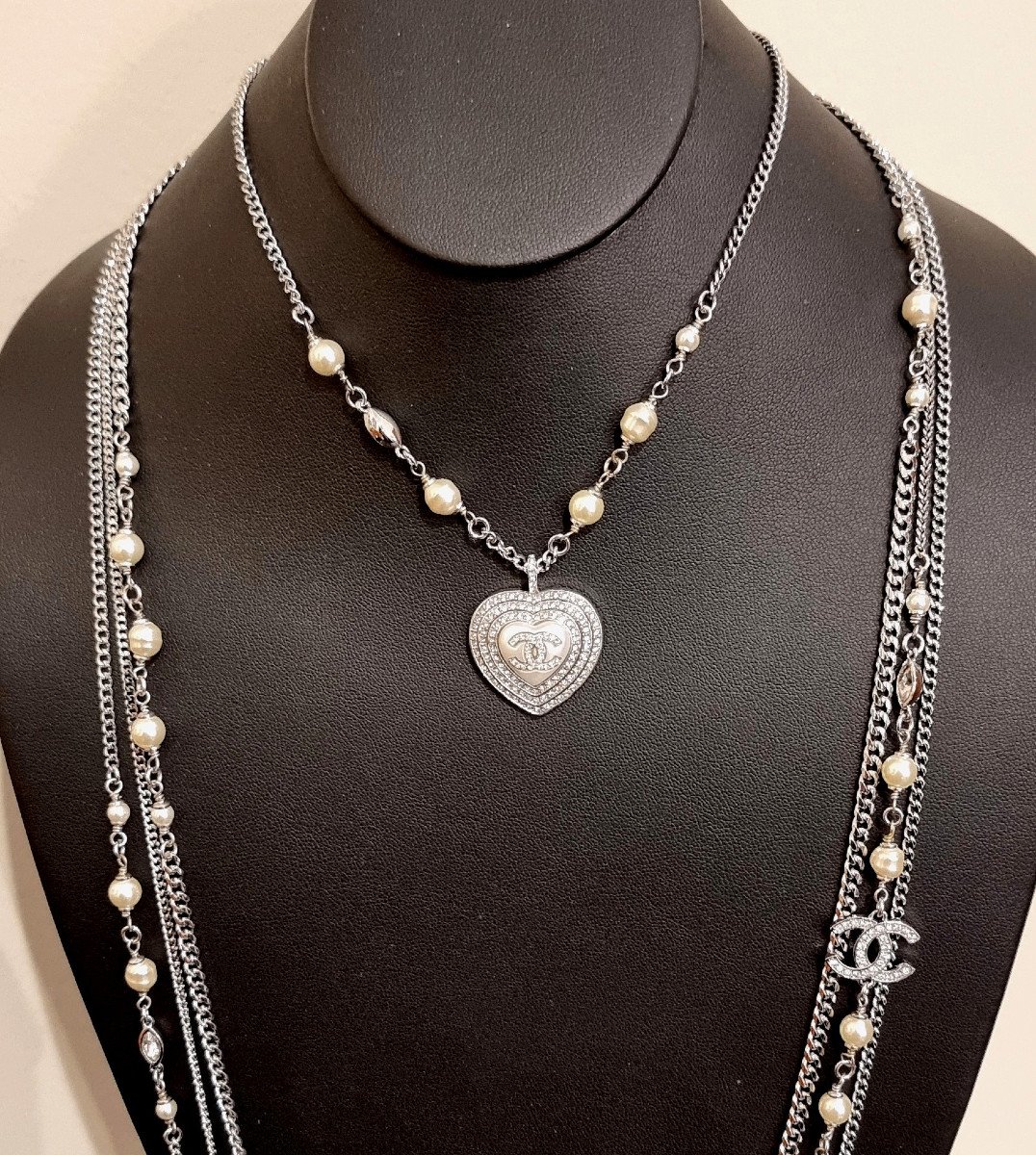 Chanel Long Necklace 4 Rows Heart Double Cc Crystal -photo-1