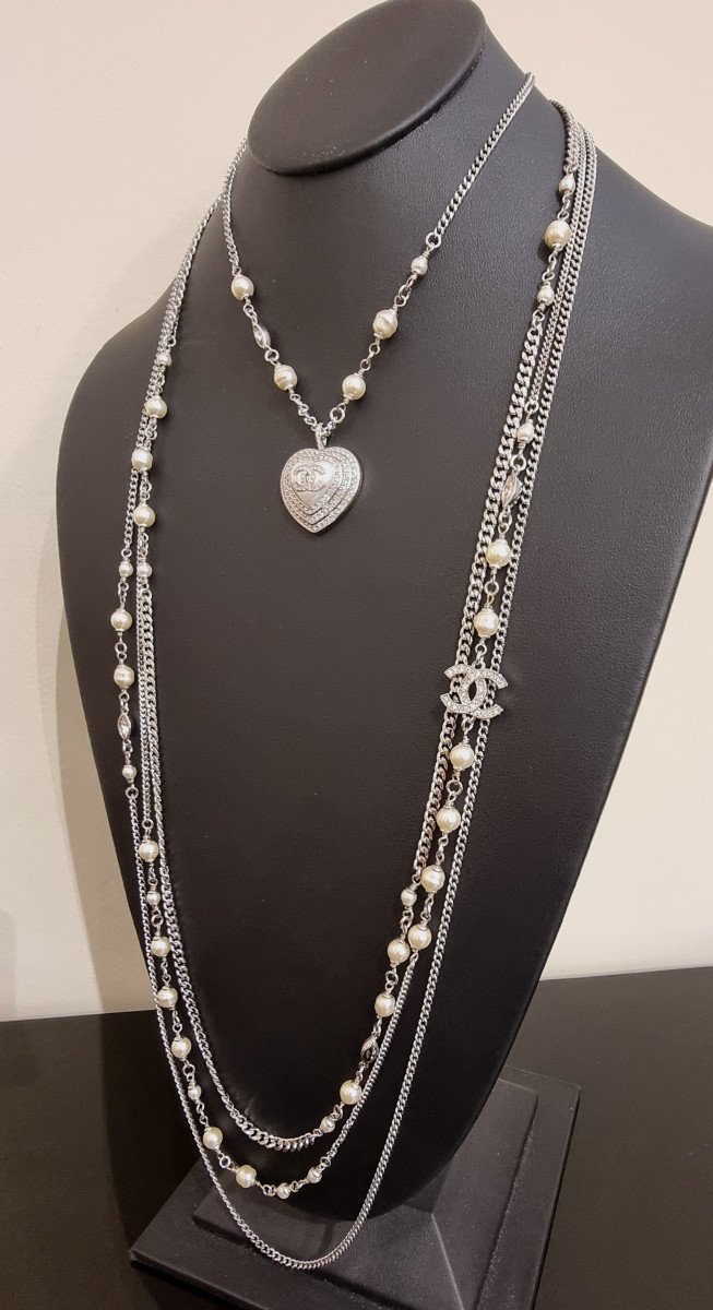 Chanel Long Necklace 4 Rows Heart Double Cc Crystal 