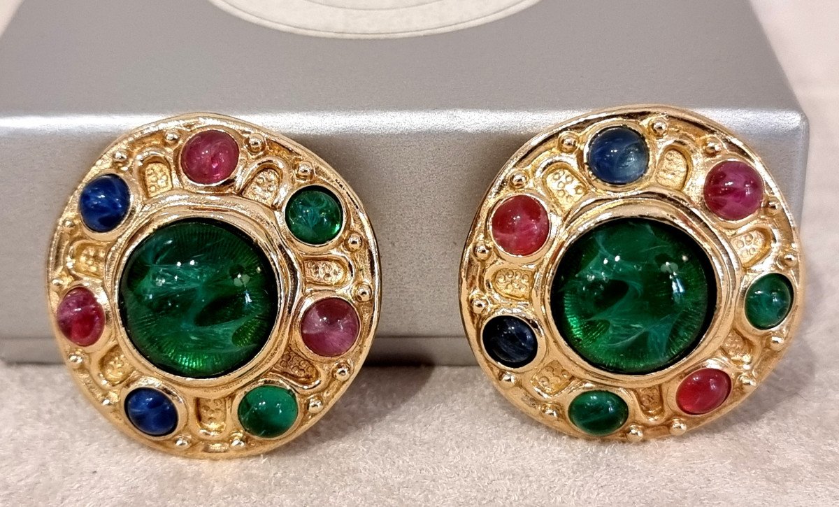 Christian Dior & Robert Goossens Pair Of Gold Metal And Colored Stones Ear Clips-photo-2