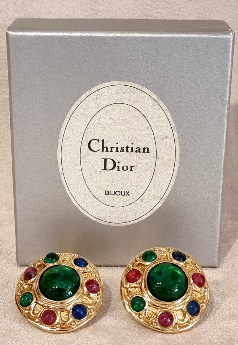 Christian Dior & Robert Goossens Pair Of Gold Metal And Colored Stones Ear Clips