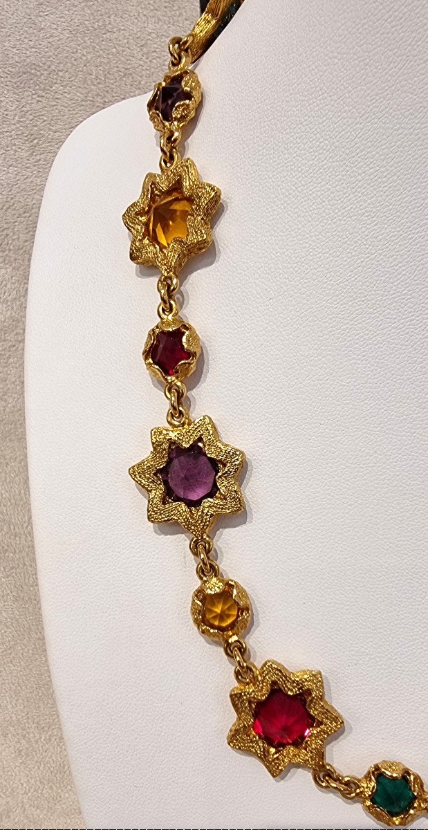 Ysl Yves Saint Laurent Collier Métal Doré Et Pierres De Couleurs-photo-5
