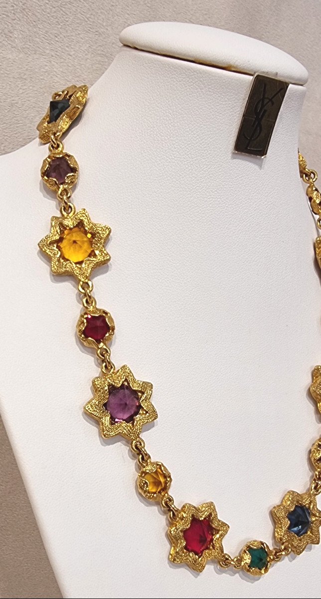 Ysl Yves Saint Laurent Collier Métal Doré Et Pierres De Couleurs-photo-6