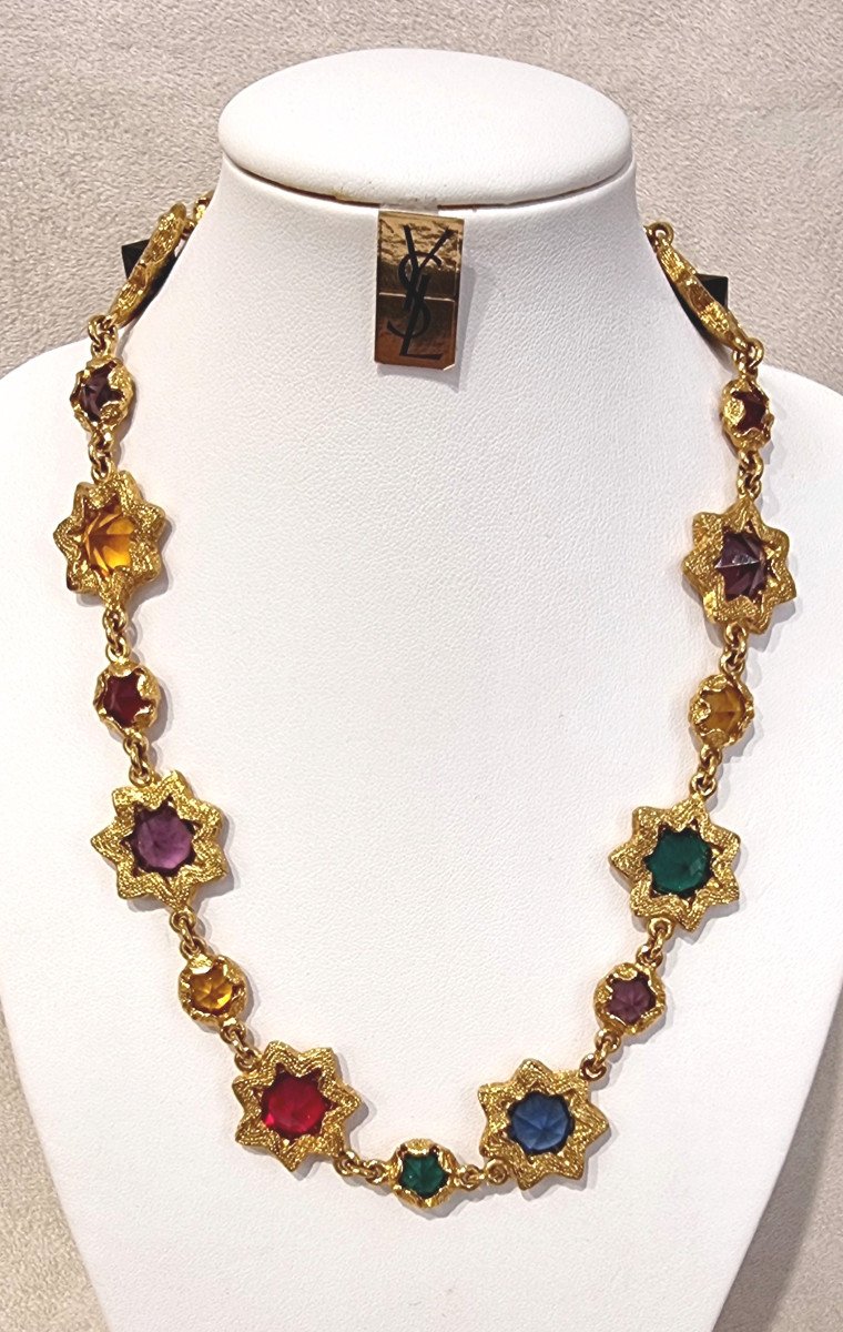 Ysl Yves Saint Laurent Collier Métal Doré Et Pierres De Couleurs
