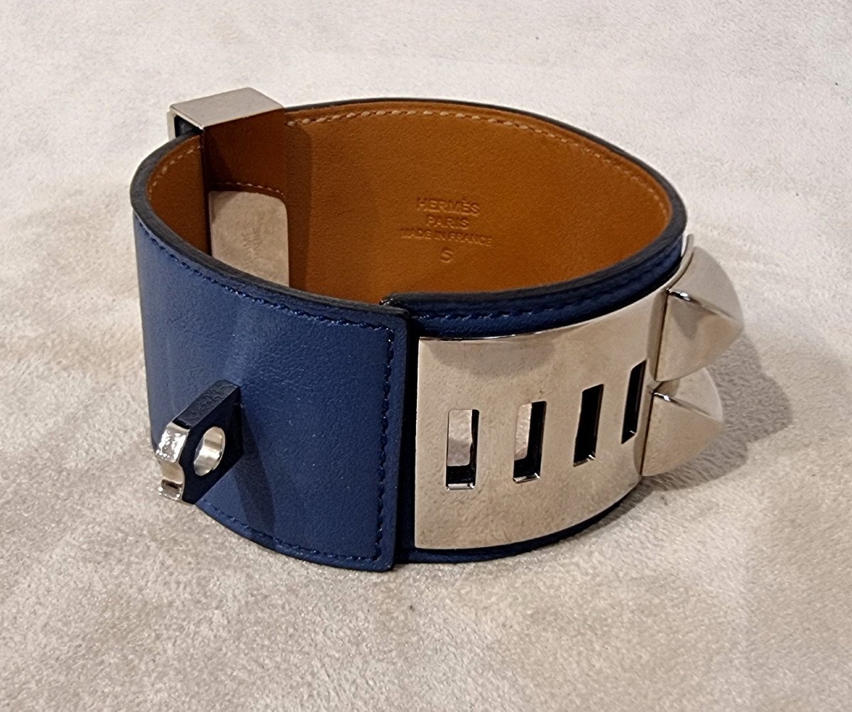 Hermès Bracelet Collier De Chien Argent Palladié Cuir Bleu-photo-7