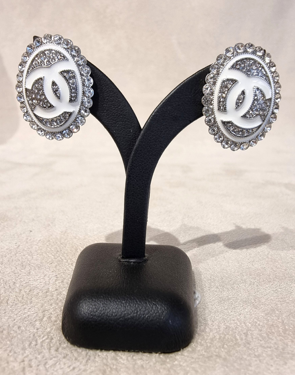 Chanel Double Cc Enamel & Crystal Earrings 