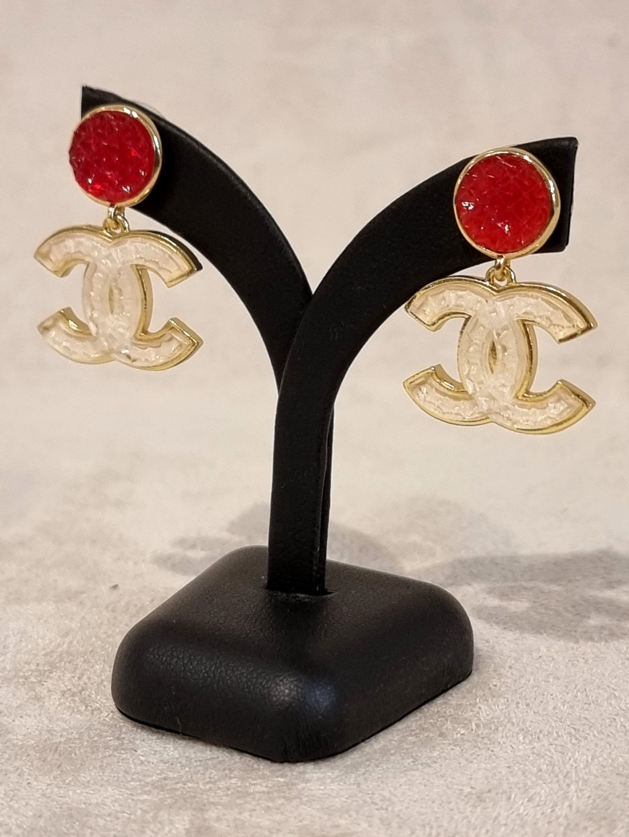 CHANEL PAIRE DE BOUCLES D'OREILLES Pendants Double CC-photo-2