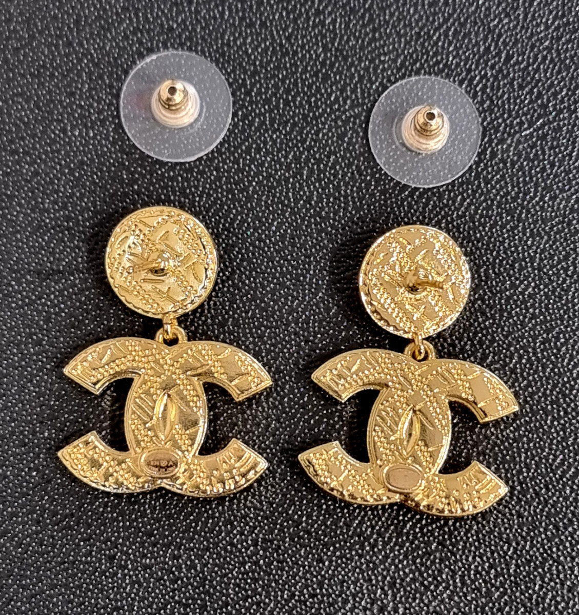 CHANEL PAIRE DE BOUCLES D'OREILLES Pendants Double CC-photo-4