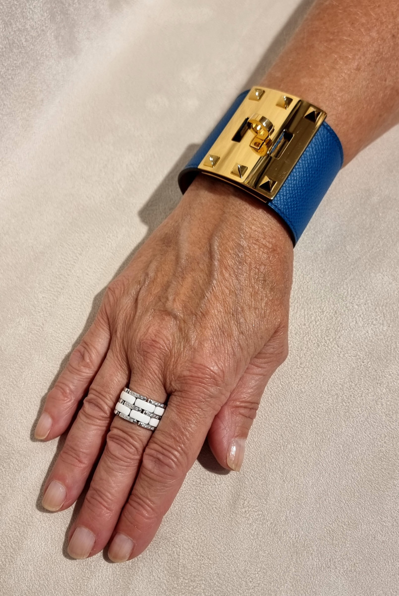 Hermès BRACELET MANCHETTE KELLY DOG Plaqué Or et Cuir Epson Bleu-photo-4