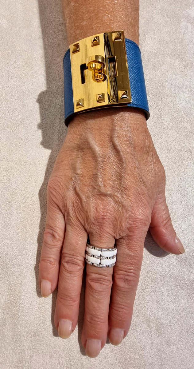 Hermès BRACELET MANCHETTE KELLY DOG Plaqué Or et Cuir Epson Bleu-photo-8