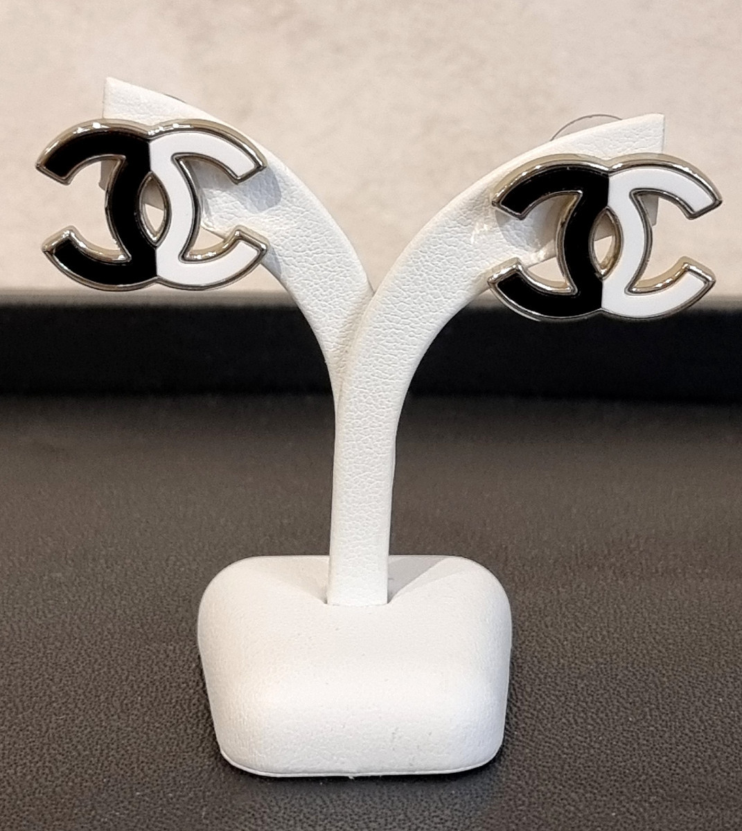 Chanel Pair Of Black & White Double Cc Earrings