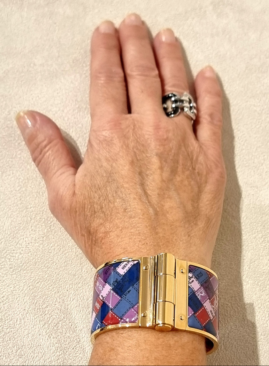 Hermès Bracelet Manchette Charnière plaqué or et émail -photo-2
