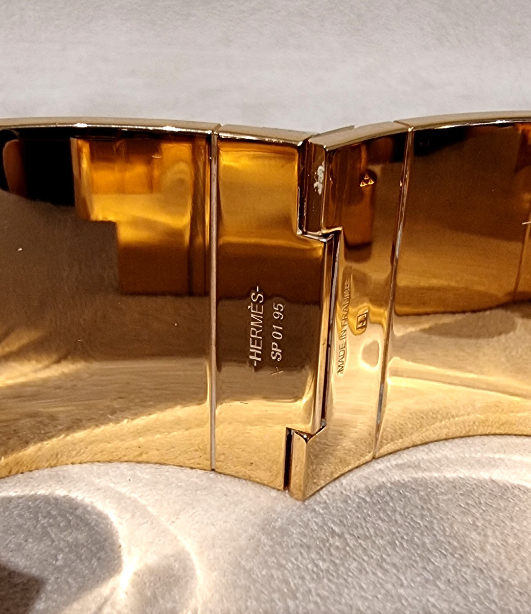 Hermès Bracelet Manchette Charnière plaqué or et émail -photo-6