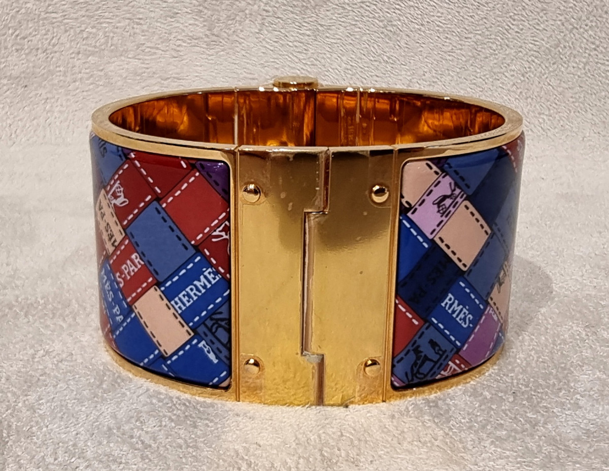Hermès Bracelet Manchette Charnière plaqué or et émail -photo-8