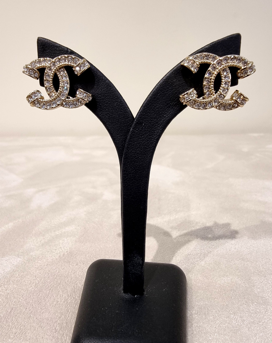 Chanel Pair Of Double Cc Crystal Earrings 