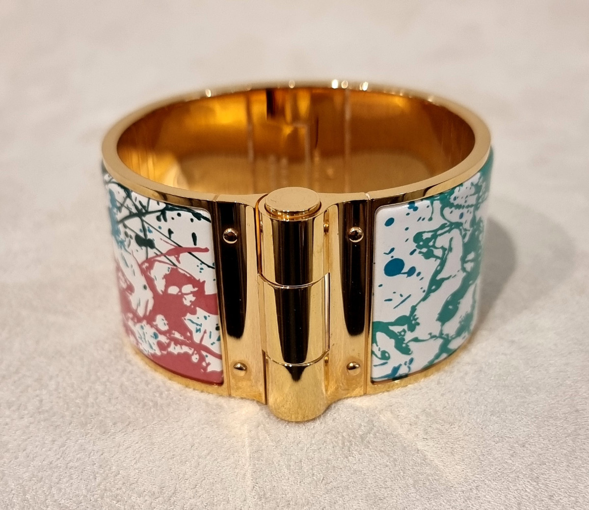 Hermès Bracelet Manchette Modèle Charnière Plaqué Or et émail-photo-3