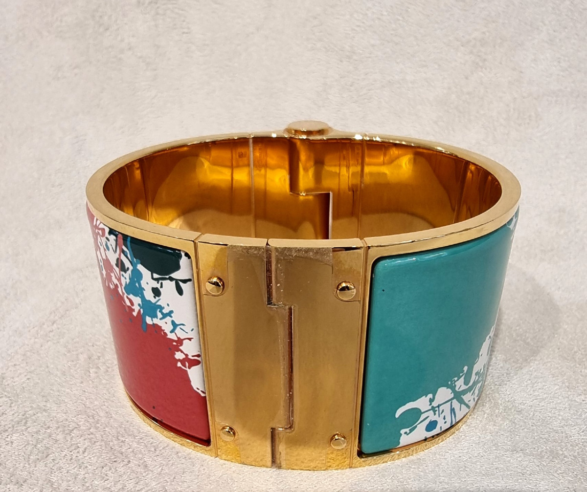 Hermès Bracelet Manchette Modèle Charnière Plaqué Or et émail-photo-3