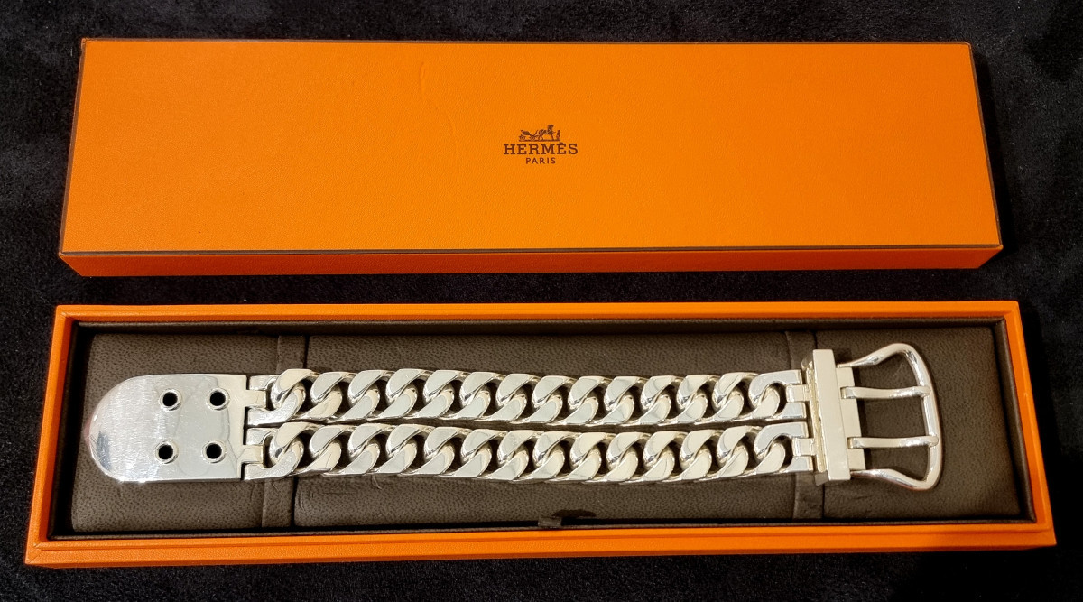 Hermès Bracelet Boucle Sellier Double Rangs XL en Argent 
