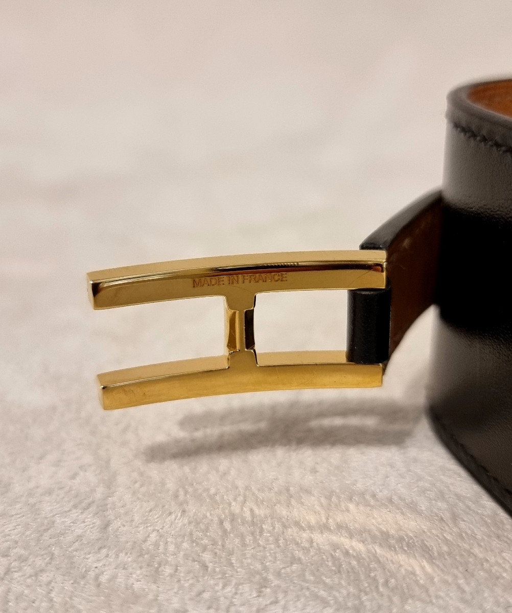 Hermès Bracelet Manchette modèle DRAG plaqué or et cuir noir-photo-8