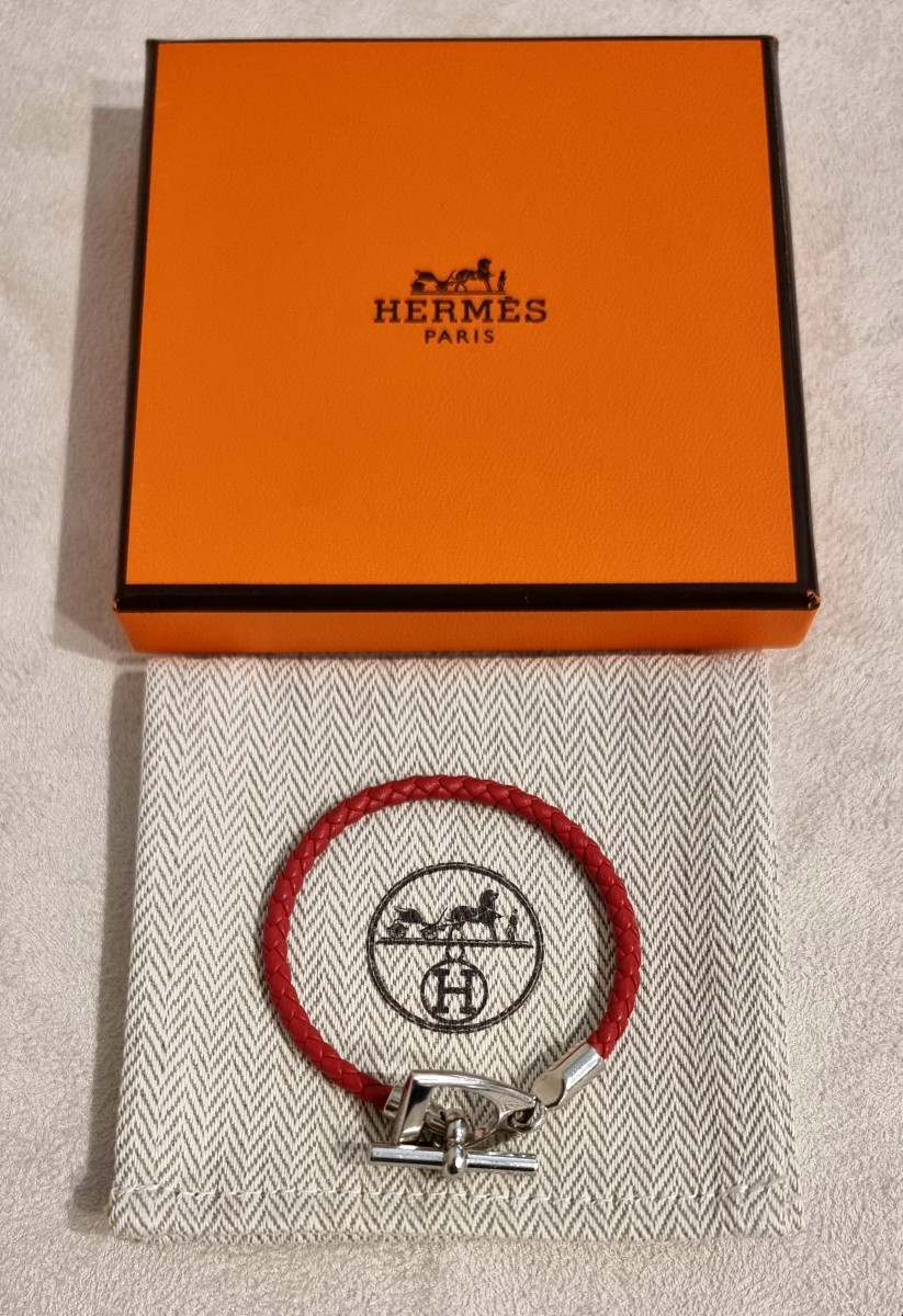 Hermès Bracelet Etrier cuir rouge tressé et métal palladié -photo-1